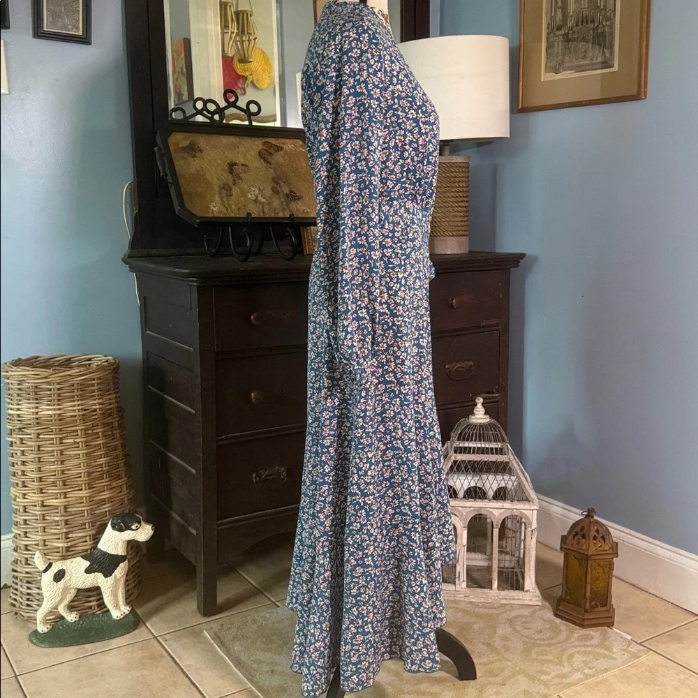 Elings Blue and Cream Floral Wrap Midi Dress Long Sleeve Boho Cottagecore Small